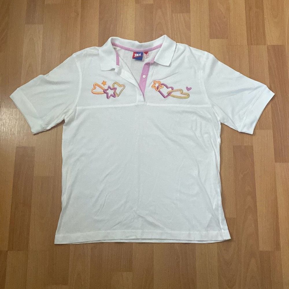 Vintage Tail Retro White Polo Shirt & Hearts Tennis Golf Women L Made in USA